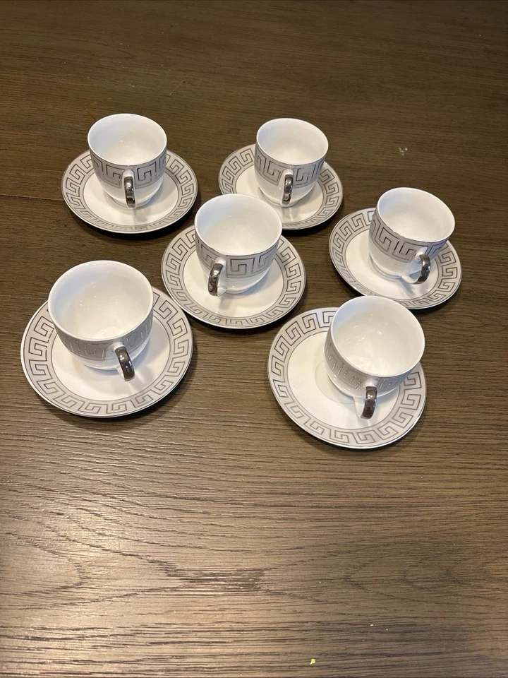 Juego de 12 tazas/platillos de té de diseño griego plateado para 6 personas ¡¡Juego raro!!! Foto 3 de 4