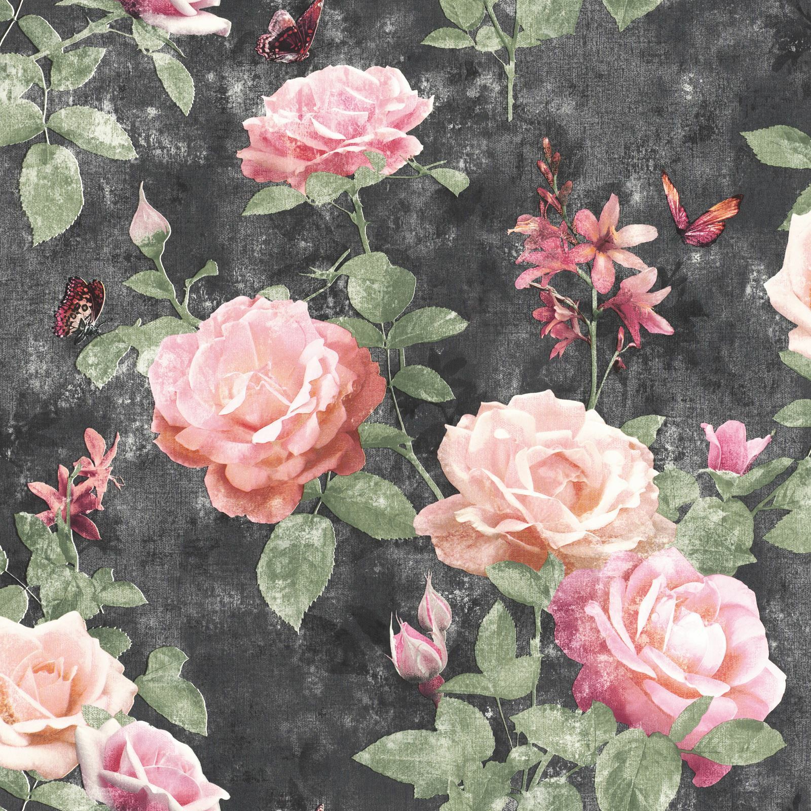 Rasch Portfolio Vintage Rose Wallpaper Pink / Charcoal 215014 Flowers  4000441215014 | eBay