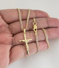 925 Sterling Silver 14K Gold Jesus Christ Crucifix Pendant Cuban Chain Necklace 