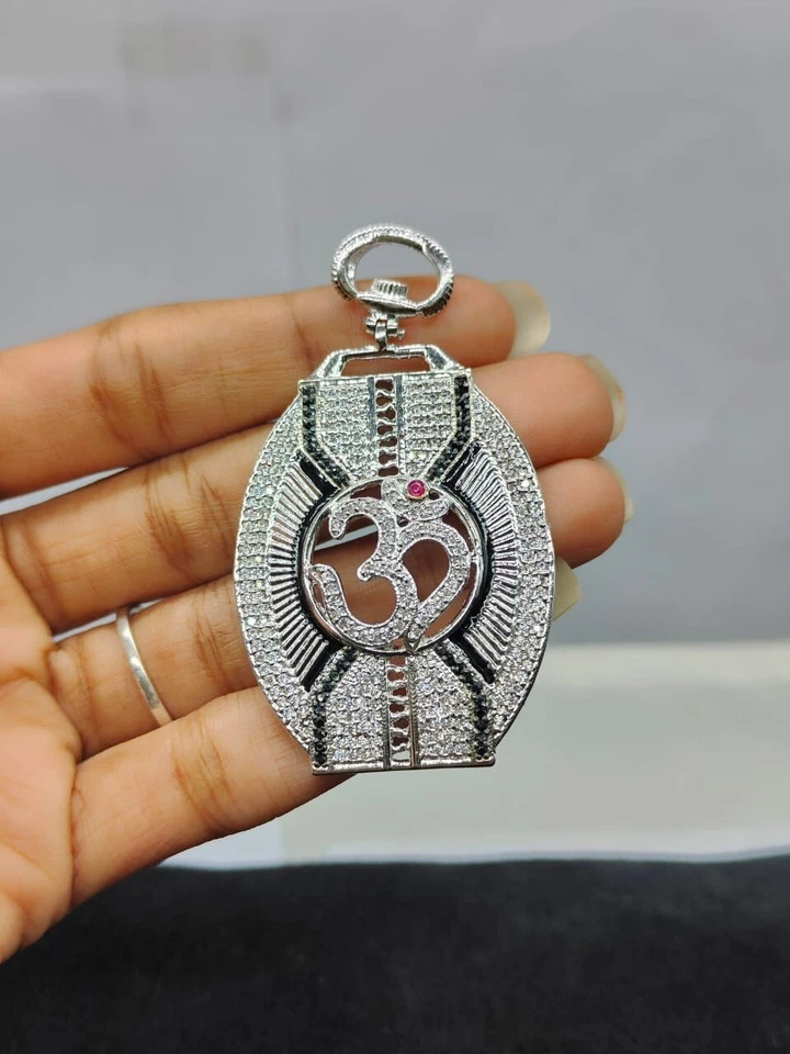 Lab Created Black Diamond Men's "OM" Pendant Round Cut 14K White Gold Plated 18" - Image 3 of 4