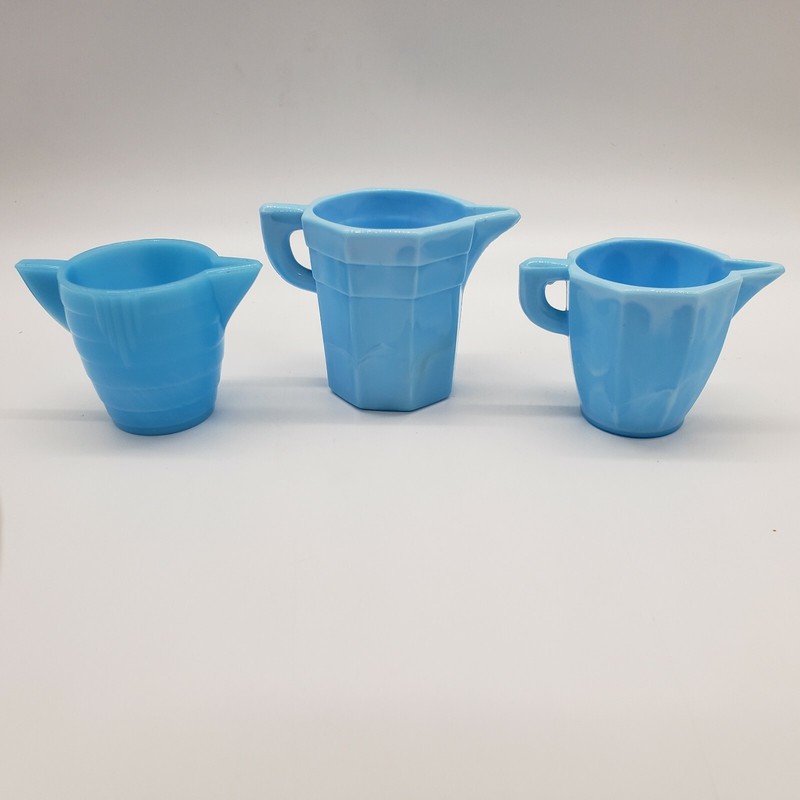 Vintage Akro Agate Slag Glass Blue/White Childs Tea 3 Teapot Creamer Sugar  