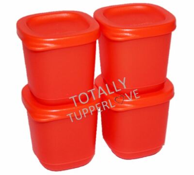 Tupperware 4 Square Rounds Set Mini Cubix Basic Brights Hot Pepper Orange Red  
