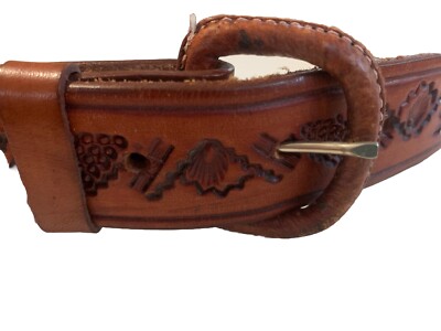 VTG Southwestern Hand Tooled Leather Belt Mens 36 Desert Landscape Armadillos