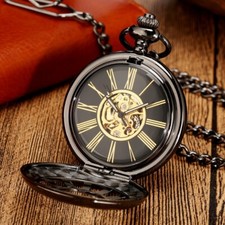 Mens Pocket Watch Automatic Black Steampunk Skeleton Retro Chain Luxury Watches