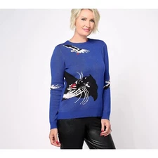 Attitudes by Renee Jacquard Cat Motif Sweater Royal Blue Women Size 2X Cozy Knit