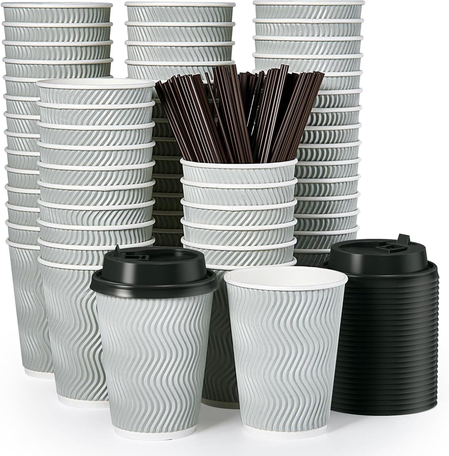 12 Oz Disposable Coffee Cups, Paper Coffee Cups with Lids & Straws,100 Count Ins
