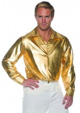 70's-80's Disco Shirt Men's Silver Or Gold Poly Stretch Metallic Fabric Costume