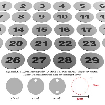 1-20 lasergravierte Zahlenscheiben silber 30 mm Tisch Kneipe Club Etiketten Spind