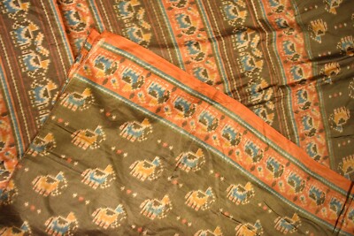 FNC Vintage Pochampally Hand Woven Brown Floral Sarees Art Silk Sari Fabric