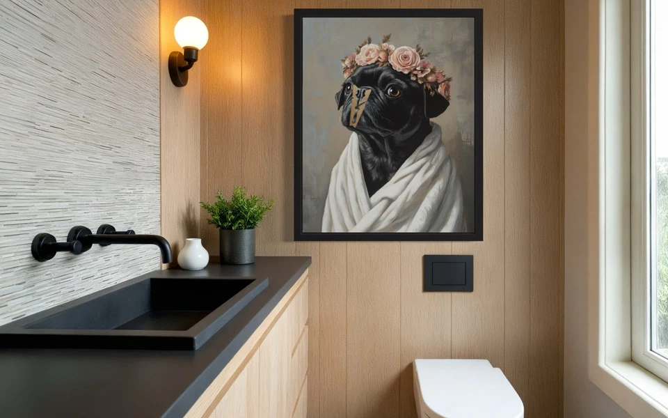 Pug Black Dog Funny Restroom Art Print Poster Wall Art Painting - Image 3 of 4