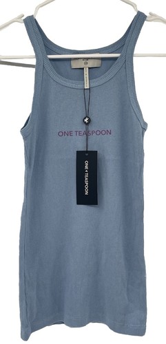 One Teaspoon Womens Blue Skyway Logo Singlet Ribbed Tank Top Cotton Size XXS NWT