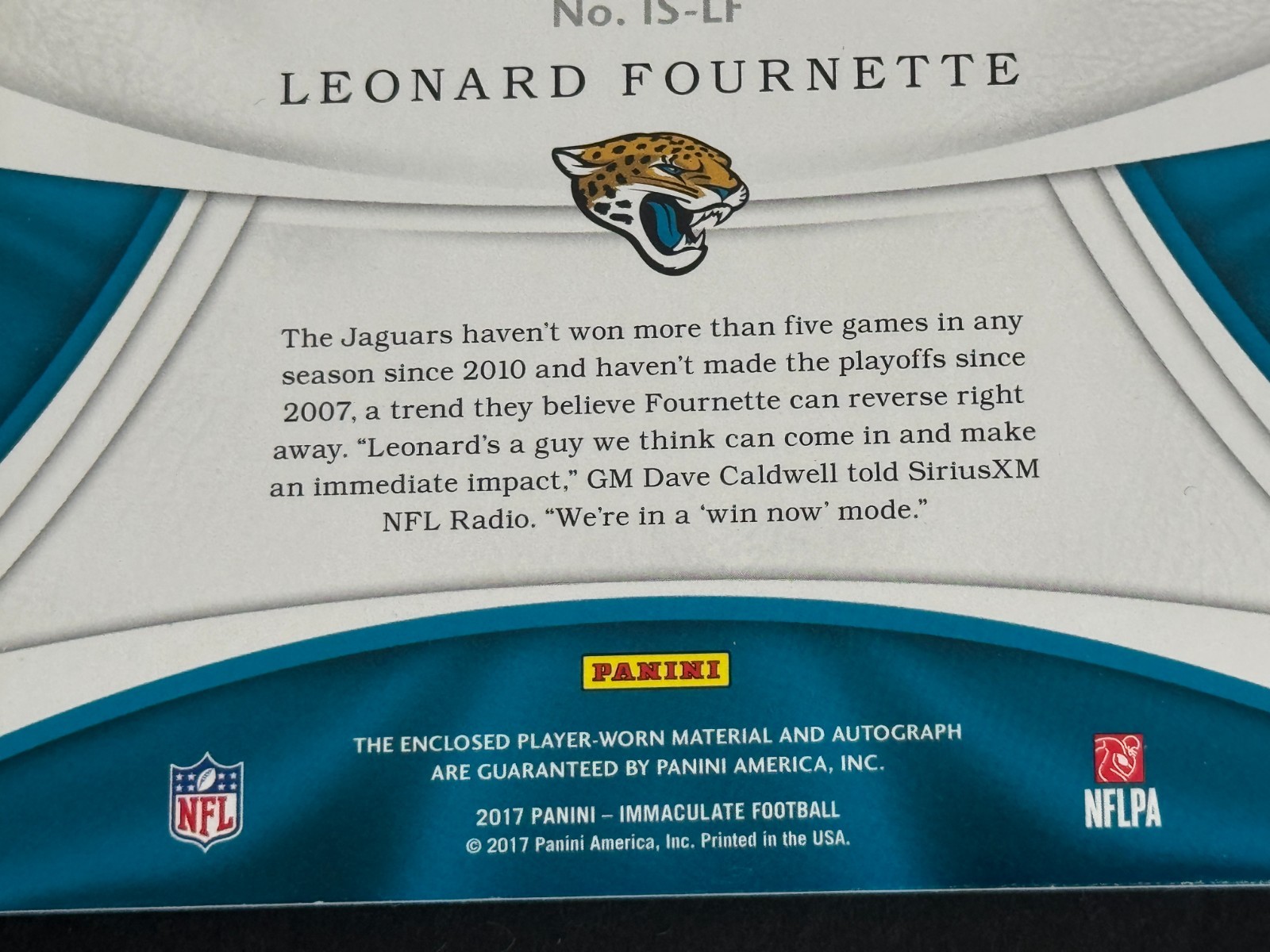 Leonard Fournette 2017 Immaculate Dual RC Patch Auto #ed 47 /49 view 9