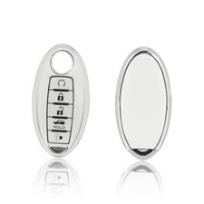 5 Button Key Fob Cover fit for Nissan Altima Rogue White Wide Silver Trim 