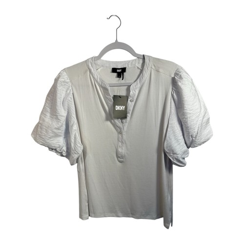 DKNY Ribbed White Henley Shirt Short Puff Sleeve Womens XL Feminine Cottage NEW - Picture 2 of 11