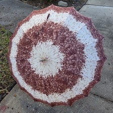 Vintage Umbrella Pearl-Style Handle Floral Maroon Print Metal Tip KANE