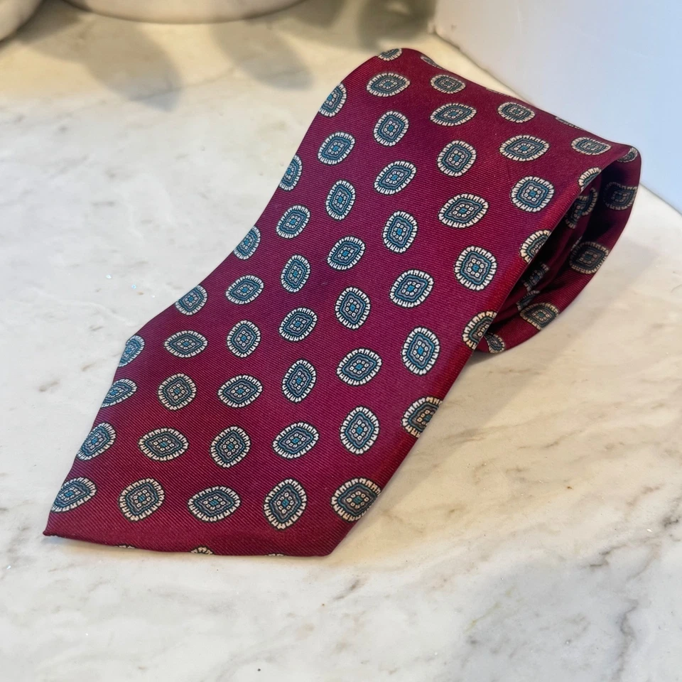 Corbata de seda geométrica Oscar de la Renta Couture Borgoña Maison Blanche 58" de largo Foto 2 de 4