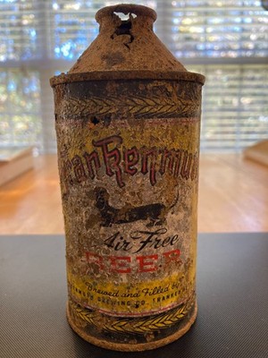 Frankenmuth (Air Free) Beer, HP IRTP CT TO, Empty Outdoor Can, Holes, Sm. Dents
