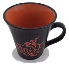 Coffee Cafe Time Mug 3D Beans Cup Black Orange Flare Design Rim 3 7/8"