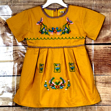 Girls 4-5Y Yellow Mustard Dress Cotton/Spandex Embroidery Front Buttons Back