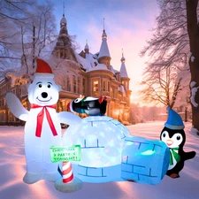 8FT Inflatable Polar Bear with Igloo and Penguin Outdoor Decoration