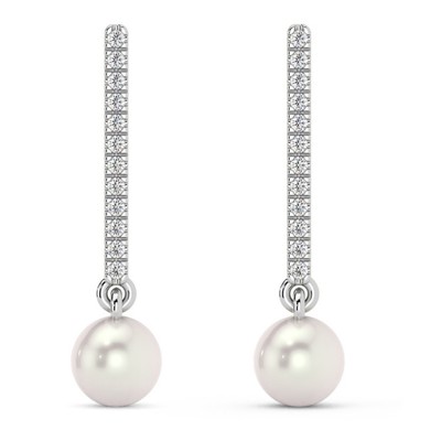 6mm Pearl & Diamond Dangle Earrings Women's 14k Gold Earrings Lab Grown 1'' Tall