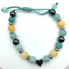 Vintage 90s Silver Tone Heart Charm Glass Beaded Bracelet Boho Fashion Jewelry