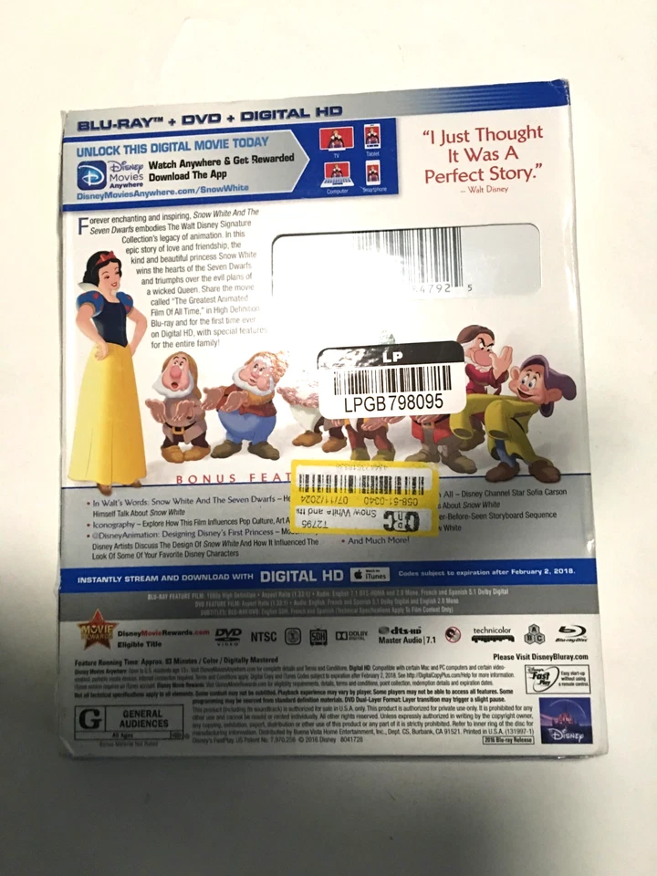 Snow White and the Seven Dwarfs (Blu-ray/DVD, 2016, W/ SLIPCOVER ) NEW/SEALED - Image 4 of 4