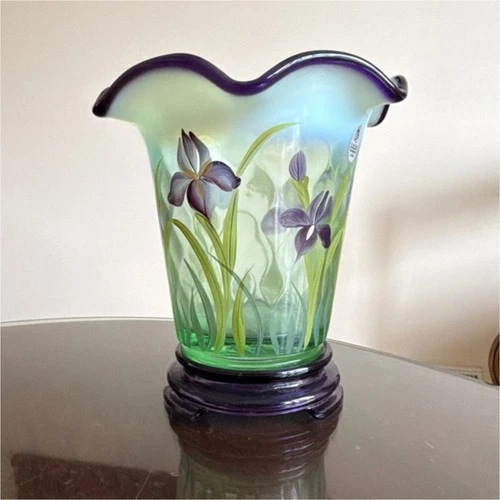 Fenton Designer Showcase Series Hand Painted Glass Vase Green Purple Signed
