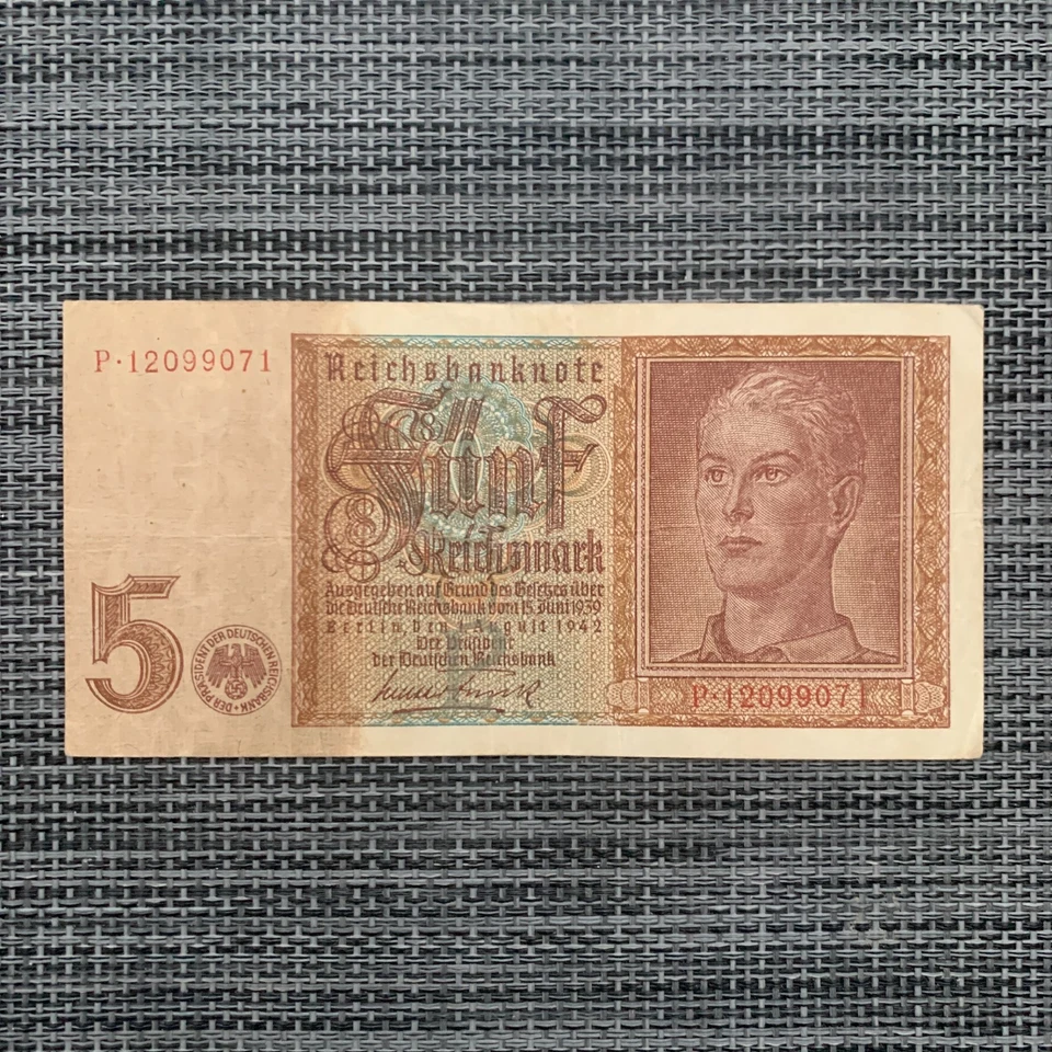 Billete de 5 marcos de 1942 recuerdos de la Segunda Guerra Mundial moneda alemana Alemania Segunda Guerra Mundial Foto 2 de 4