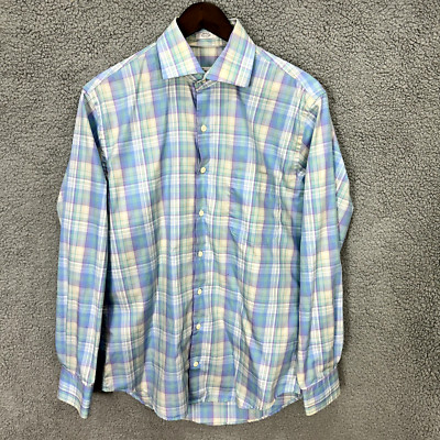 Peter Millar Button Down Shirt Mens Medium Blue Plaid Long Sleeve Crown Ease