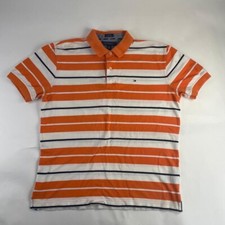 Tommy Hilfiger Polo Shirt XL Orange White Mens Striped Custom Fit Casual Used