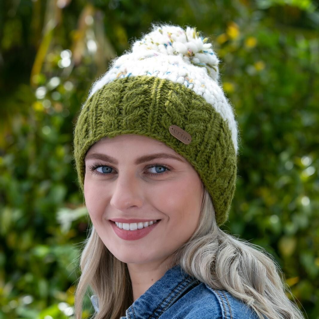 Irish Cable Knit Flecked Green Bobble Hat