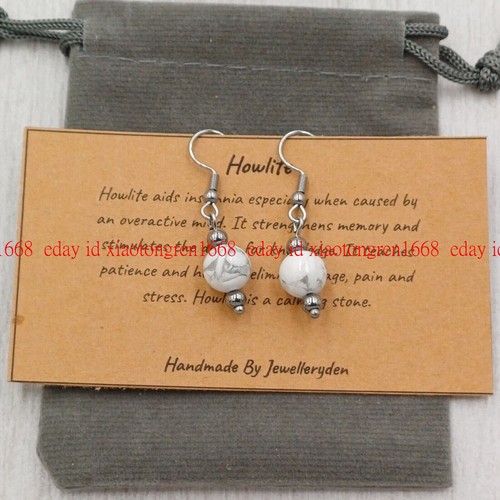 Charming 8mm White Howlite Healing Round Gemstone Beads Drop Hook Earrings - Picture 11 of 12