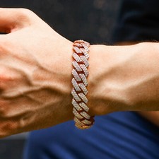 15mm Rose Gold Plated Iced CZ Out Stainless Steel Miami Cuban Link Bracelet MEN