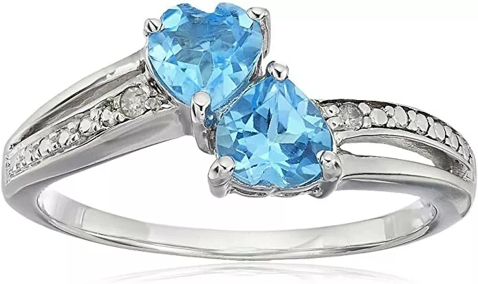 Sterling Silver Diamond Accent and Blue Topaz Two Heart Ring Size