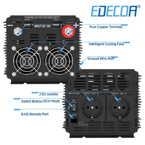 EDECOA Inversor ONDA PURA 2000w 12v 220v Convertidor Pure Inverter LCD - Imagen 2 de 10