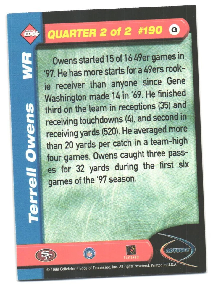 1998 Collector's Edge Odyssey Terrell Owens #190 - Image 2 of 2