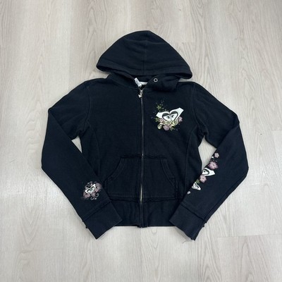 Vintage Roxy Floral Logo Zip Up Hoodie Y2K Surf Skate Black Size M