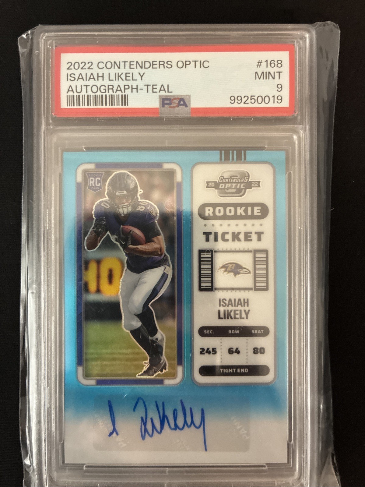 2022 ISAIAH LIKELY OPTIC TEAL CONTENDERS ROOKIE TICKET 47/99 AUTO -- PSA 9