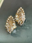 Vintage Miriam Haskell Clip On Earrings Rhinestone Gold Tone Signed Designer