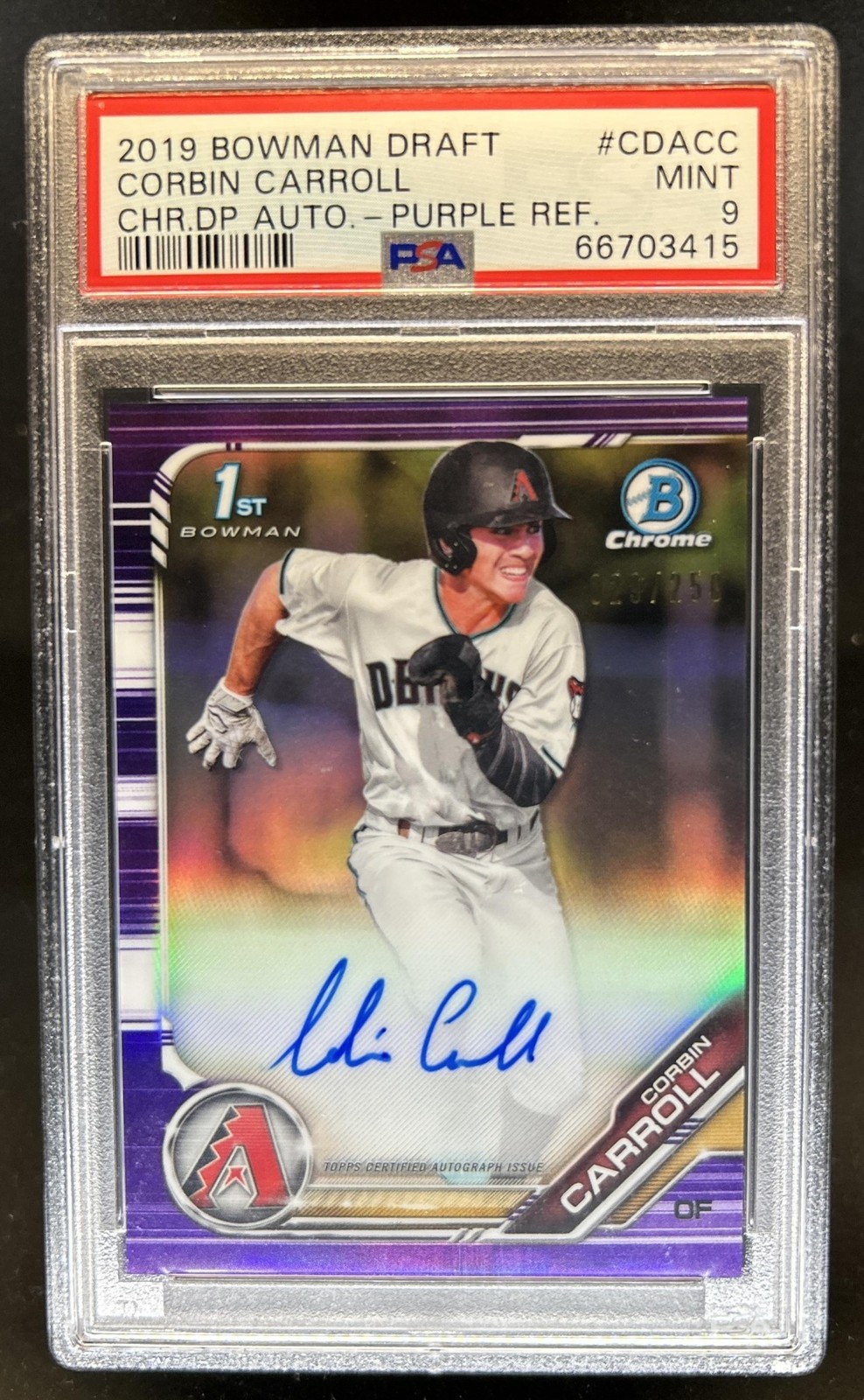 2019 Bowman Draft Corbin Carroll Chrome Auto Purple Refractor 1st #/250 PSA 9