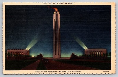 Vtg Postcard Kansas City Missouri Liberty Memorial Night Fire Scene USA Unposted