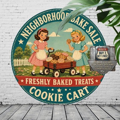 Two Girls Wagon Homemade Cookie Sale Poster Round 8x8 inch Bakery Tin Plaque