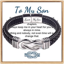 To My Son/Grandson Bracelet, Forever Linked Together Braided Leather Bracelet, S
