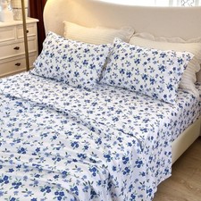 Floral Queen Sheet Set, 4-Piece Printed Bed Sheets, 16" Deep Pocket, Ultra So...