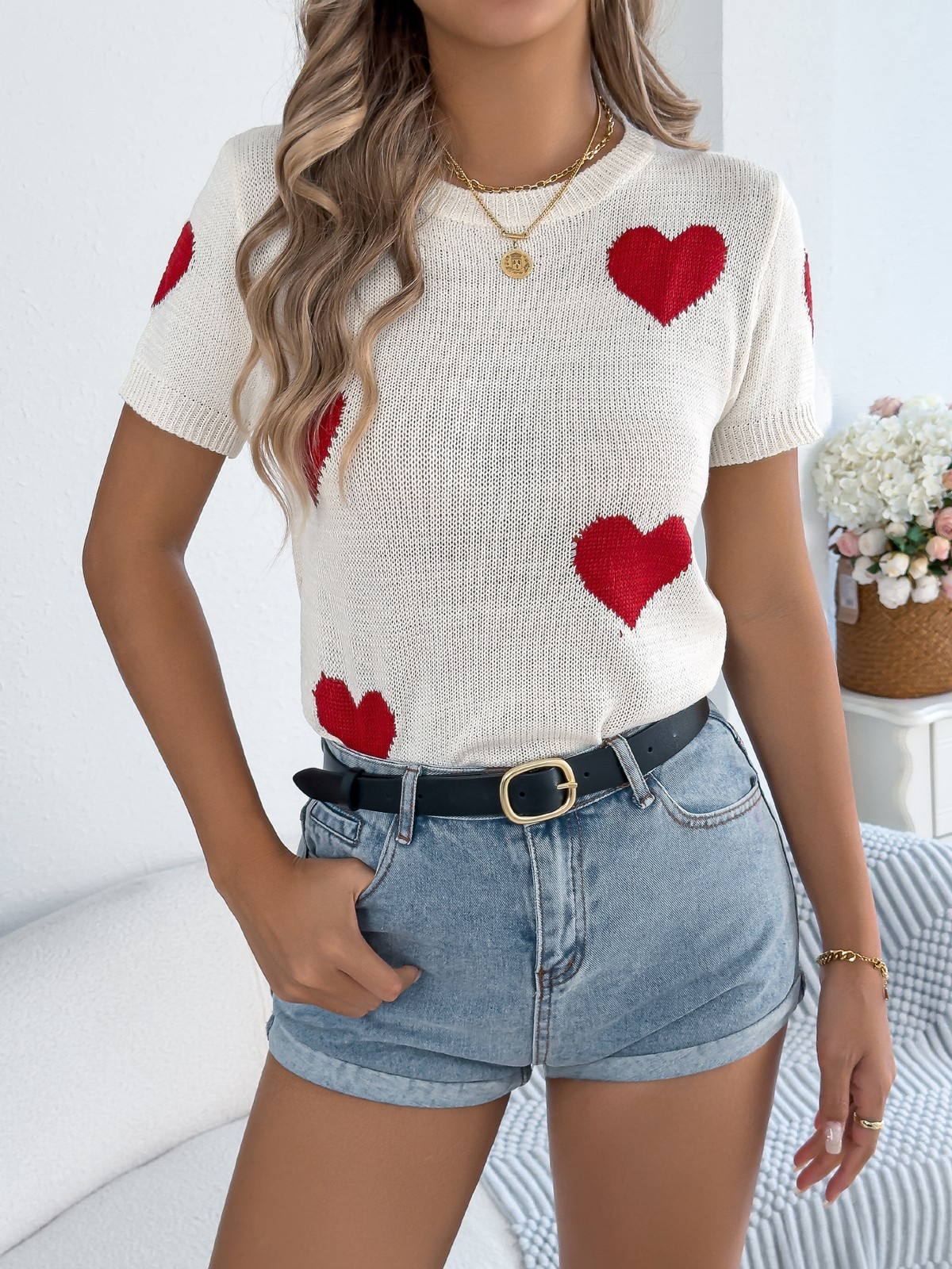 Women S Casual Color Block Heart Short Sleeve Knit Valentine S