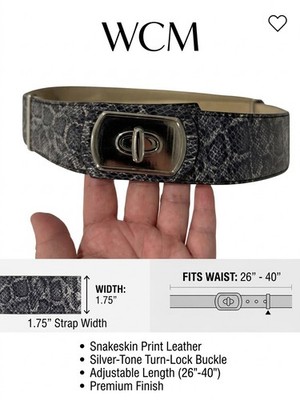 WCM Wide Snake-Print Leather Belt with Silver Turn-Lock - Black/Gray 26-40 