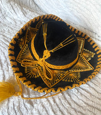 VINTAGE Pigalle Black  Gold Mexican Mariachi Sombrero 7 X Made In Mexico