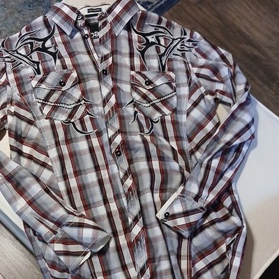 Roar Signature Men's Plaid Embroidered Button-Up Shirt Cotton Long Sleeve L