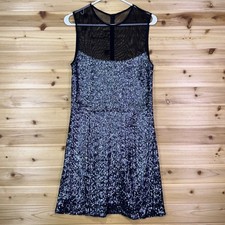 Nicole Miller Dress Womens 10 Silver Sequin Mesh Neck Sleeveless Mini Dress